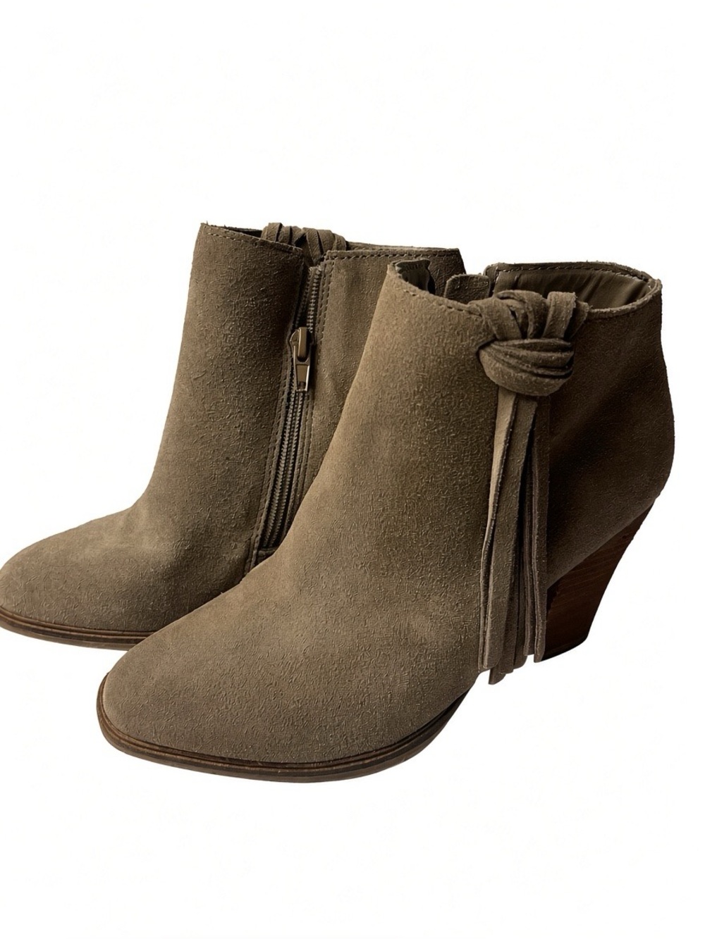 Taupe Faux Suede Fringe Ankle Booties - Women's Size 9